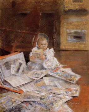 William Merritt Chase Painting - Child with Prints William Merritt Chase